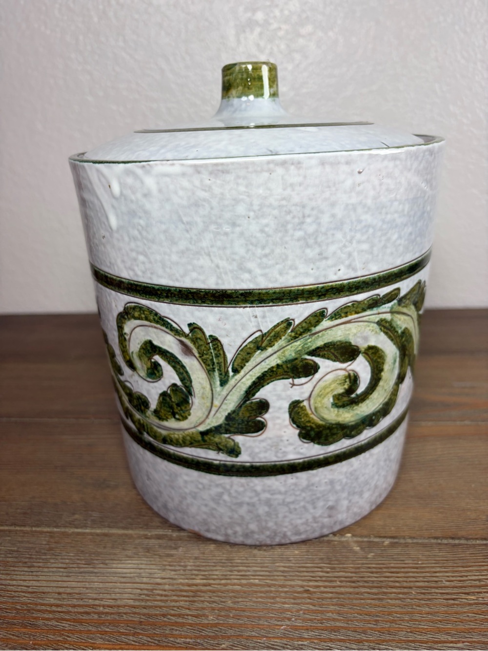 Vintage MCM Italian Hand Painted Terracotta Lidded Canister Olive Green 7” Round